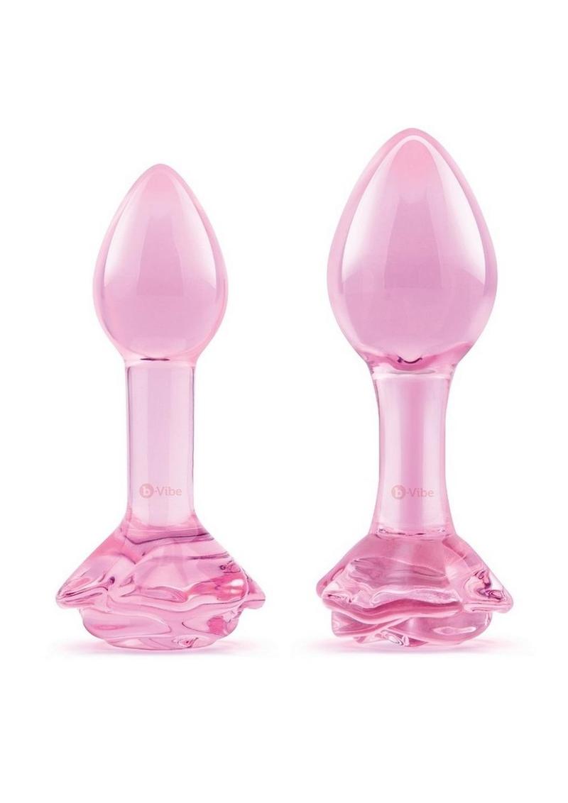 B Vibe Pink Roses Glass Butt Plug Training - 2pc/Set