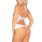 Floral Lace Halter Bodysuit with Mini Bow and Flutter Accent - White - One Size