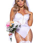 Leg Avenue Bridal Babe Lace Garter Bodysuit, Bow and Train Bustle, and Bridal Veil - White - XSmall - 3 Piece