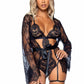 Leg Avenue Eyelash Lace Garter Teddy with G-String Back and Adjustable Straps, Lace Robe and Ribbon Tie - Black - Large - 3 Pieces