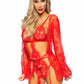 Leg Avenue Eyelash Lace Garter Teddy with G-String Back and Adjustable Straps, Lace Robe and Ribbon Tie - Red - Large - 3 Pieces