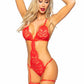 Leg Avenue Eyelash Lace Garter Teddy with G-String Back and Adjustable Straps, Lace Robe and Ribbon Tie