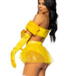 Leg Avenue Fairytale Beauty Glitter Shimmer Bra Top with Gathered Rosette Center and Puff Sleeves, High Waist Panty with Ribbon Pick-Up Skirt, Removable Clear Straps, and Matching Hair Ribbon - Yellow - Small - 4 Piece