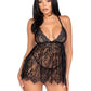 Leg Avenue Floral Lace Babydoll with Eyelash Lace Scalloped Hem Adjustable Cross-Over Straps and G-String Panty - Black - Medium