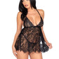 Leg Avenue Floral Lace Babydoll with Eyelash Lace Scalloped Hem Adjustable Cross-Over Straps and G-String Panty - Black - Small
