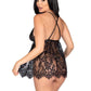 Leg Avenue Floral Lace Babydoll with Eyelash Lace Scalloped Hem Adjustable Cross-Over Straps and G-String Panty