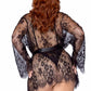 Leg Avenue Floral Lace Teddy with Adjustable Straps and Cheeky Thong Back, Matching Lace Robe with Scalloped Trim and Satin Tie - Black - Queen/XLarge/XXLarge - 3 Pieces