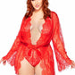 Leg Avenue Floral Lace Teddy with Adjustable Straps and Cheeky Thong Back, Matching Lace Robe with Scalloped Trim and Satin Tie - Red - Queen/XLarge/XXLarge - 3 Pieces