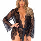 Leg Avenue Floral Lace Teddy with Adjustable Straps and Cheeky Thong Back Matching Lace Robe with Scalloped Trim and Satin Tie - Black - Medium