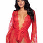 Leg Avenue Floral Lace Teddy with Adjustable Straps and Cheeky Thong Back Matching Lace Robe with Scalloped Trim and Satin Tie - Red - Small