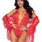 Leg Avenue Floral Lace Teddy with Adjustable Straps and Cheeky Thong Back Matching Lace Robe with Scalloped Trim and Satin Tie - Red - Small