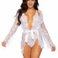 Leg Avenue Floral Lace Teddy with Adjustable Straps and Cheeky Thong Back Matching Lace Robe with Scalloped Trim and Satin Tie - White - Small