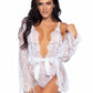 Leg Avenue Floral Lace Teddy with Adjustable Straps and Cheeky Thong Back Matching Lace Robe with Scalloped Trim and Satin Tie - White - Small