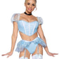 Leg Avenue Glass Slipper Cinderella Boned Sweetheart Crop Top with Organza Sleeves, Garter Panty with Shimmer Sheer Skirt, Ribbon Choker, and Matching Hair Band - Blue - Medium - 4 Piece