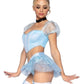 Leg Avenue Glass Slipper Cinderella Boned Sweetheart Crop Top with Organza Sleeves, Garter Panty with Shimmer Sheer Skirt, Ribbon Choker, and Matching Hair Band - Blue - Small - 4 Piece