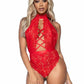 Leg Avenue High Neck Floral Lace Backless Teddy with Lace Up Accents and Crotchless Thong Panty - Red - Large