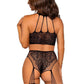 Leg Avenue Lace and Net Halter Crop Top and High Waist Crotchless Garter Panty with Attached Stockings - Black - One Size - 2 Pieces