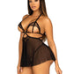 Leg Avenue Open Cup Eyelash Lace and Mesh Babydoll with Heart Ring Accent and Matching Panty - Black - Large