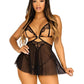 Leg Avenue Open Cup Eyelash Lace and Mesh Babydoll with Heart Ring Accent and Matching Panty