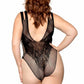 Leg Avenue Seamless Net Lace Bodysuit with Dual Shoulder Straps and Cheeky Cut Bottom - Black - Queen/XLarge/XXLarge
