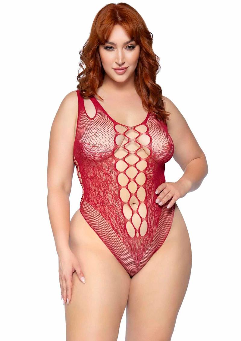 Leg Avenue Seamless Net Lace Bodysuit with Dual Shoulder Straps and Cheeky Cut Bottom - Burgundy/Red - Queen/XLarge/XXLarge