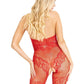 Leg Avenue Seamless Rhinestone Fishnet Bodystocking with Keyhole and Lace Lingerie Detail - Red - One Size