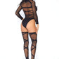 Leg Avenue Sheer Criss Cross Bodysuit with Matching Thigh High - Black - One Size - 2 Piece Set
