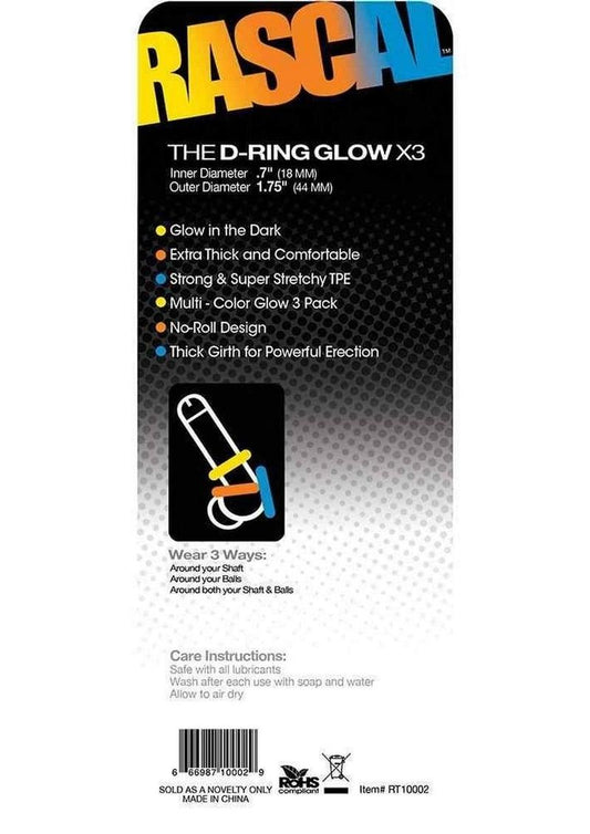 Rascal The D-Ring Glow X3 Glow In The Dark Cockrings Assorted Colors 3 Each